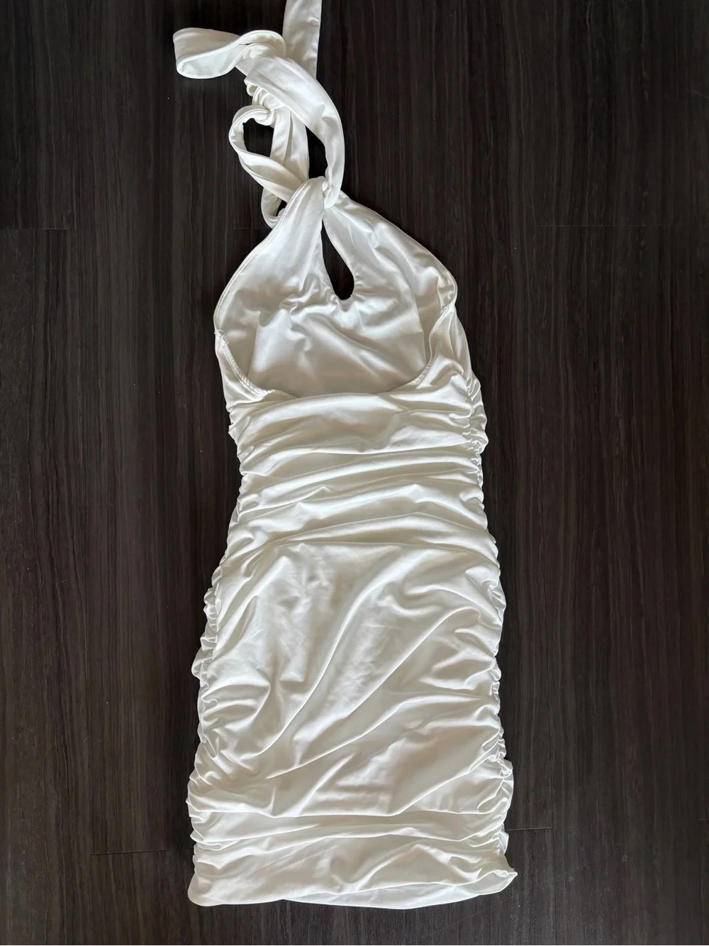 White Backless Halter Ruched Mini Bodycon Dress - Picture 3 of 4